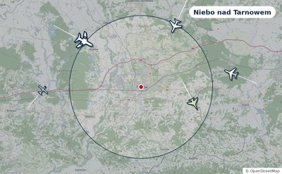 Mapa okolic miasta z sylwetkami samolotów — Niebo nad Tarnowem